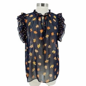 CAbi #5522 Blouse Navy Blue Floral Poppy Flutter Sleeve Sheer Ruffle Top